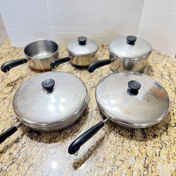 Vintage Revere Ware Copper Bottom 9 Piece Cookware Set Stainless Steel Pots Pans